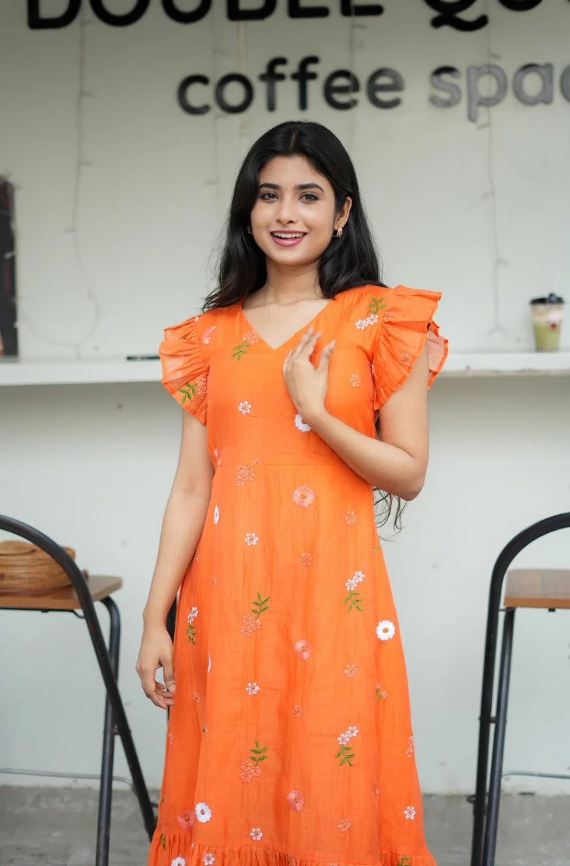 AYANA -Summer'26 (Fanta orange Floral embroidered dress) VC737 - Image 2