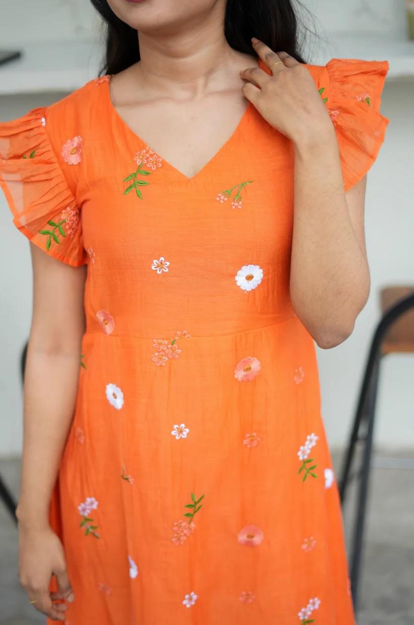 AYANA -Summer'26 (Fanta orange Floral embroidered dress) VC737 - Image 3