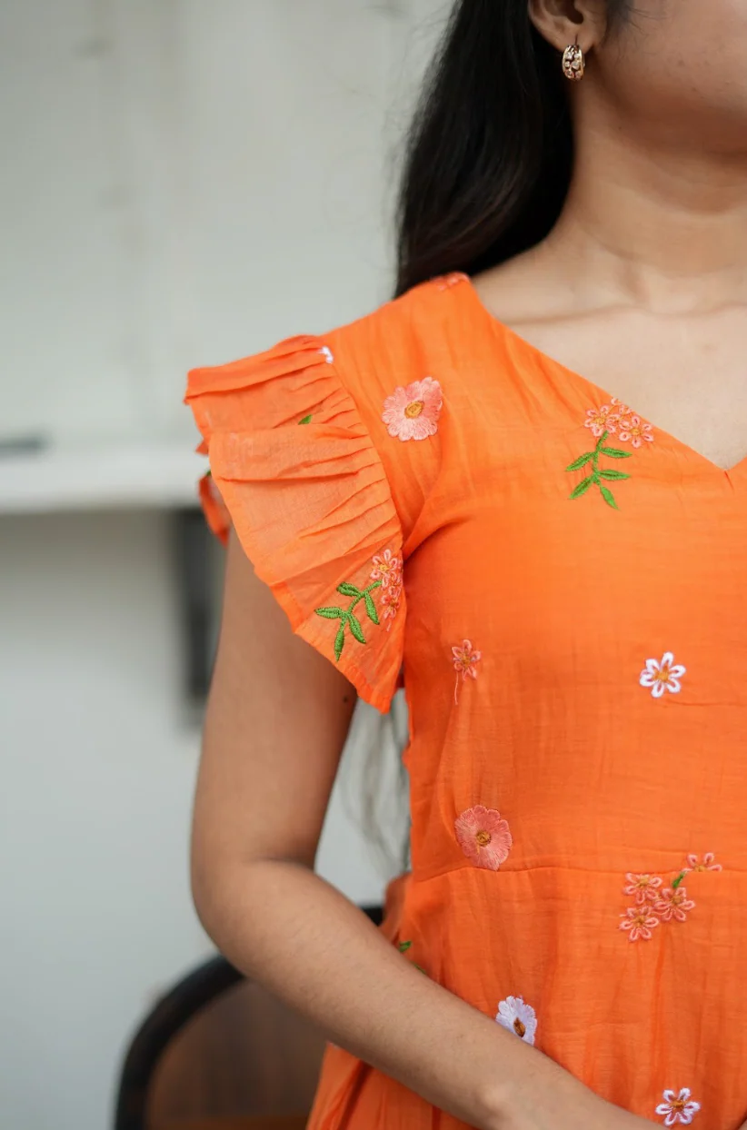 AYANA -Summer'26 (Fanta orange Floral embroidered dress) VC737 - Image 4