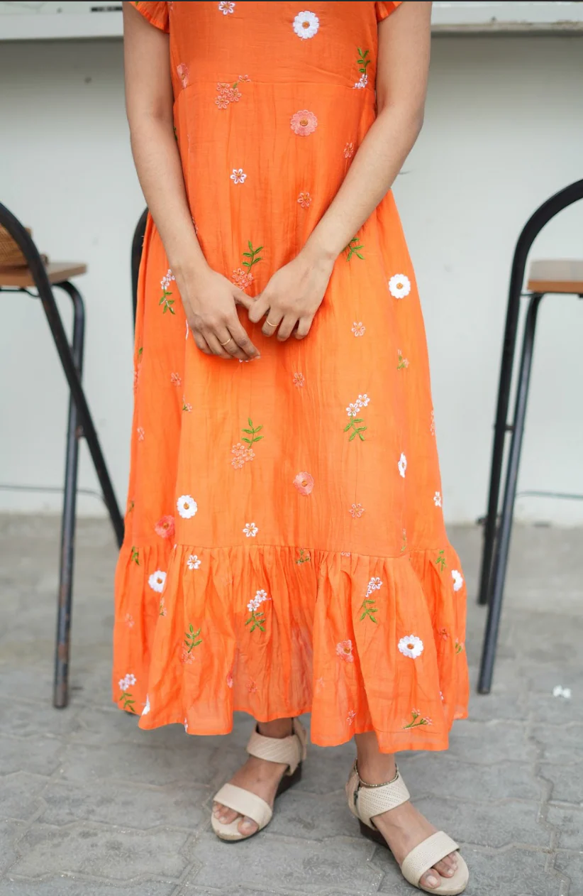 AYANA -Summer'26 (Fanta orange Floral embroidered dress) VC737 - Image 5