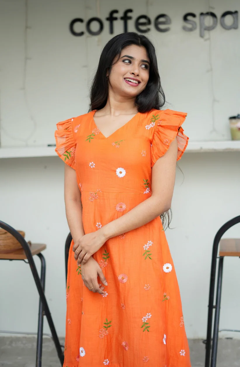 AYANA -Summer'26 (Fanta orange Floral embroidered dress) VC737 - Image 6