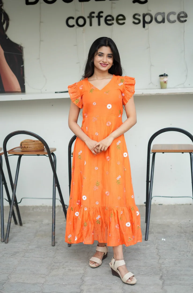 AYANA -Summer'26 (Fanta orange Floral embroidered dress) VC737 - Image 7