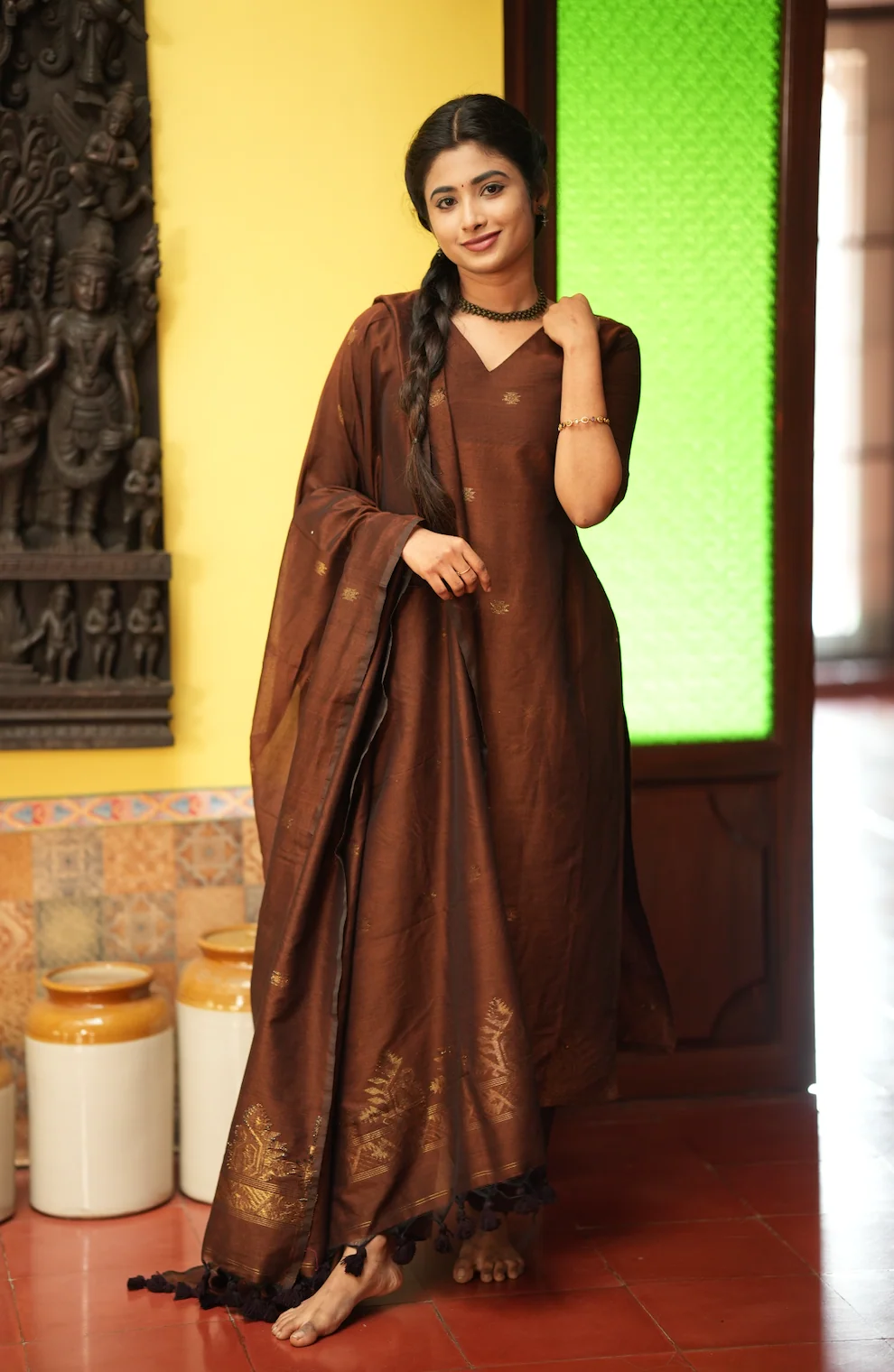 Mandakini(brown)-Jamdani linen suit