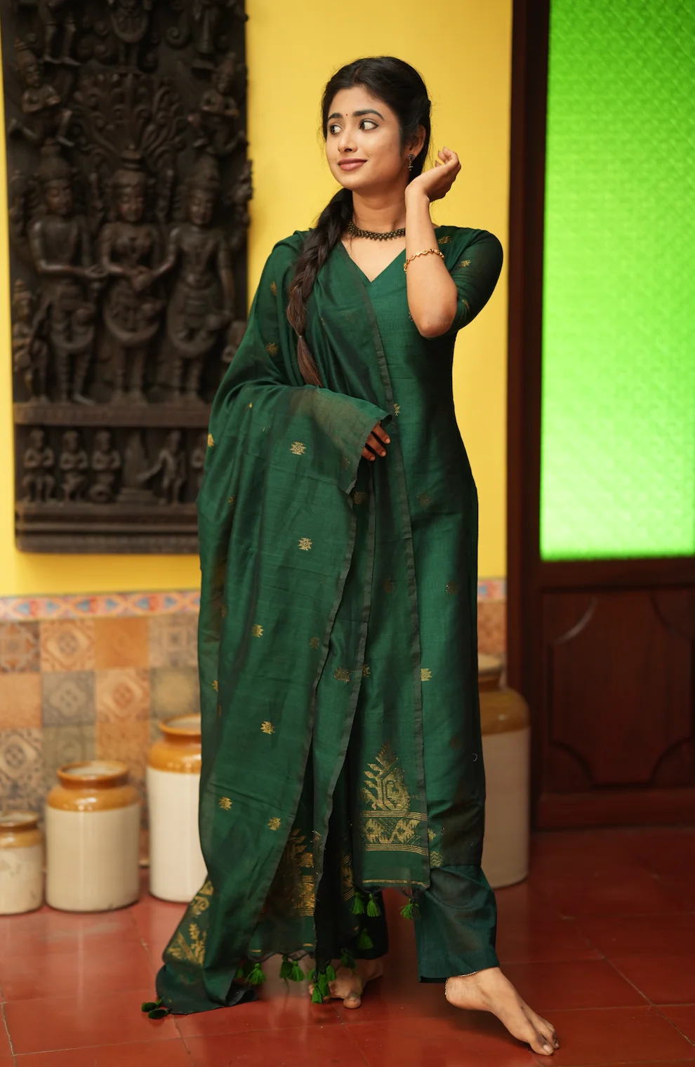 Mandakini(green)-Jamdani linen suit