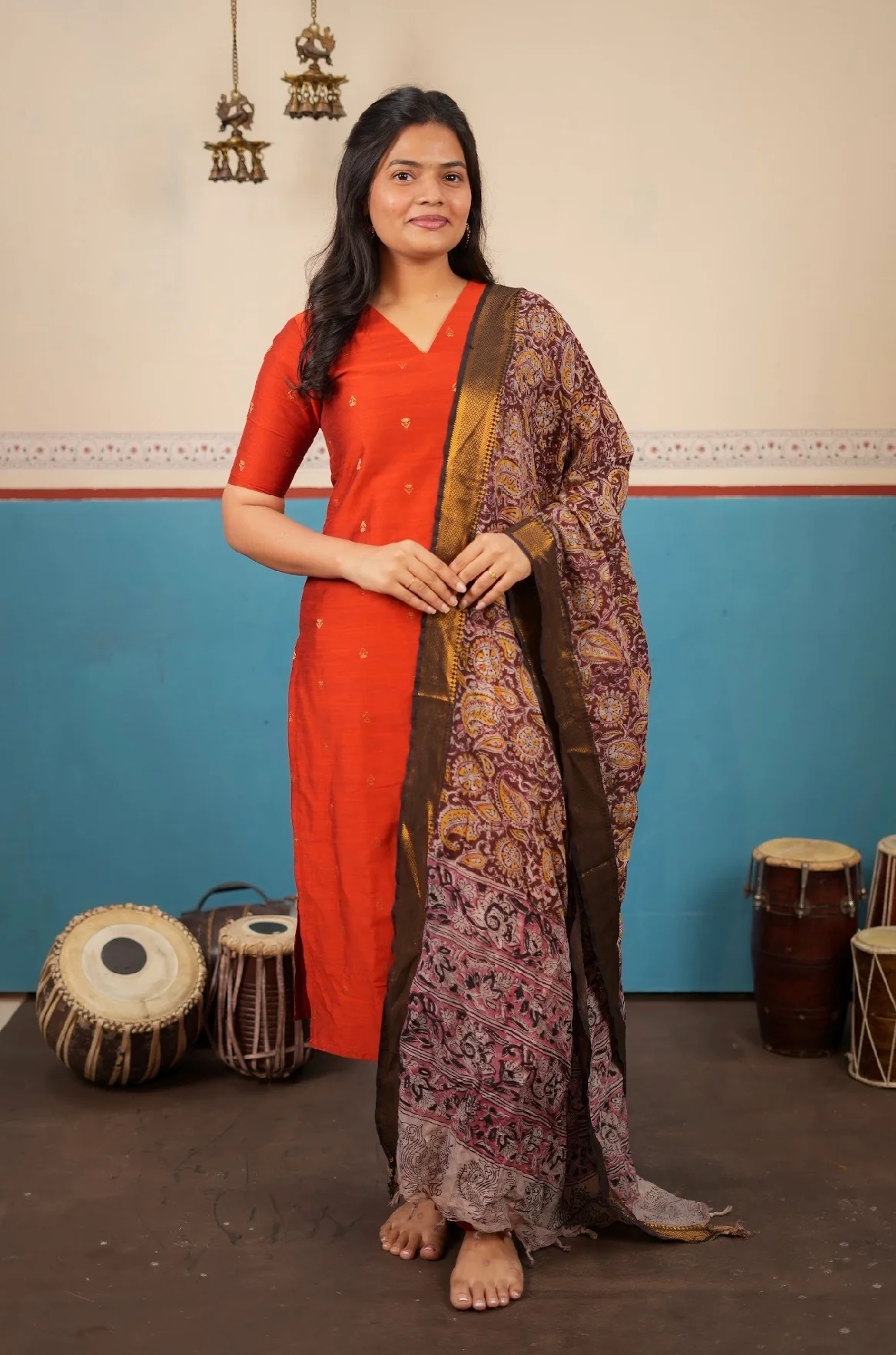 Meenakshi-Rust+kalamkari silk dupatta